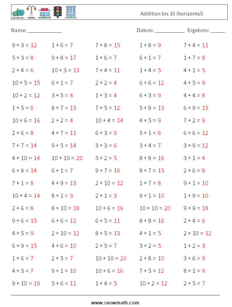 (100) Addition bis 10 (horizontal) Mathe-Arbeitsblätter 1 Frage, Antwort