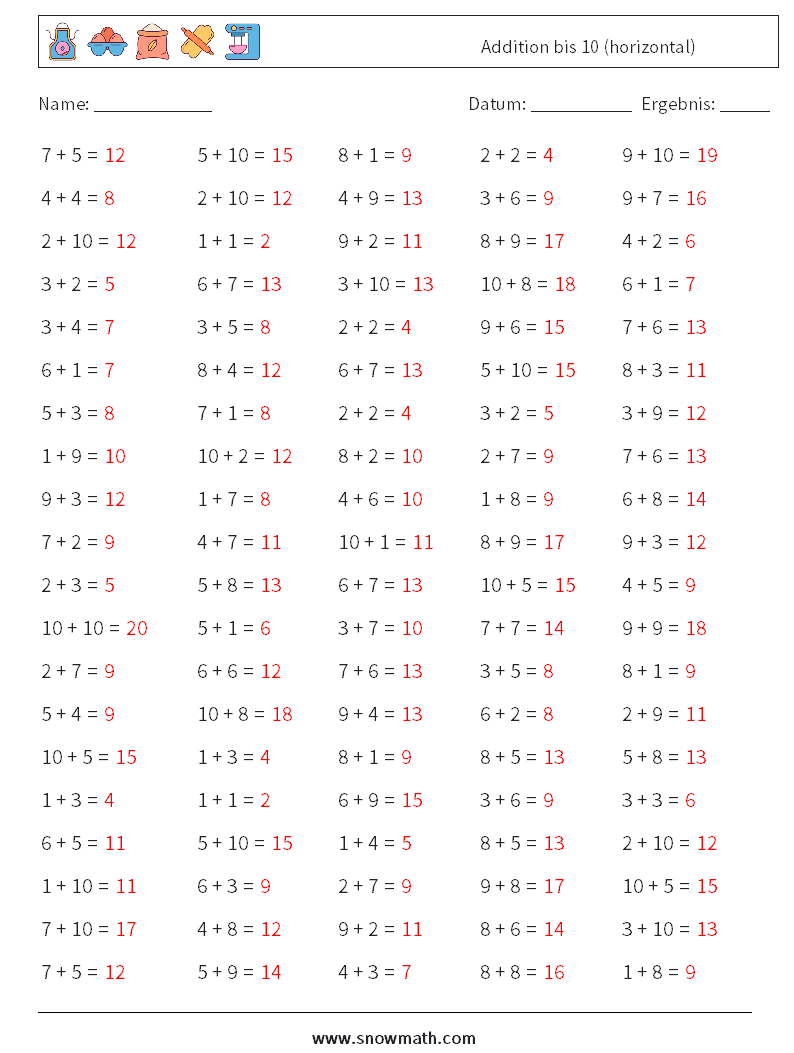 (100) Addition bis 10 (horizontal) Mathe-Arbeitsblätter 2 Frage, Antwort