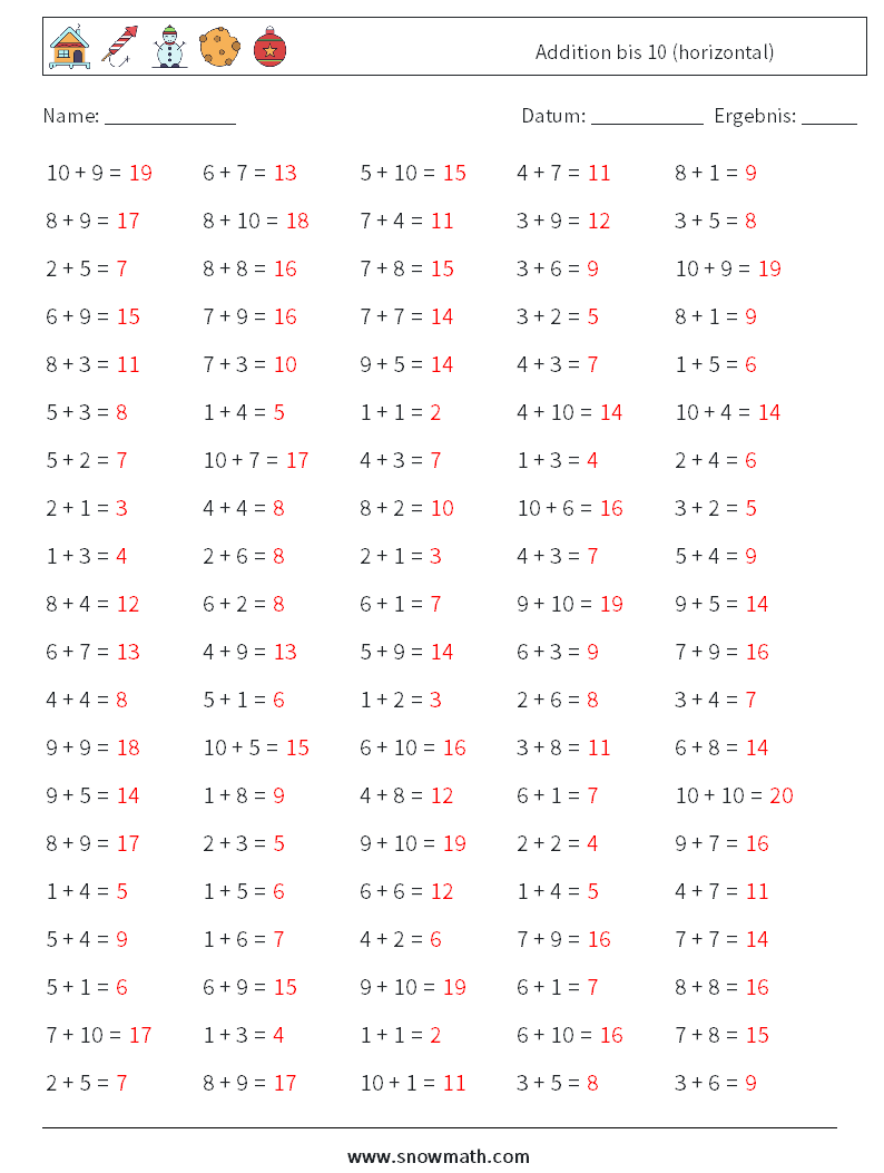 (100) Addition bis 10 (horizontal) Mathe-Arbeitsblätter 3 Frage, Antwort