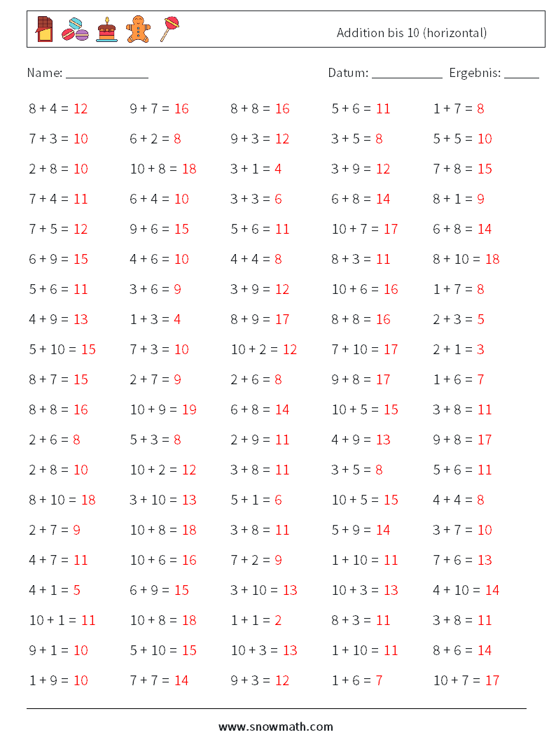 (100) Addition bis 10 (horizontal) Mathe-Arbeitsblätter 4 Frage, Antwort