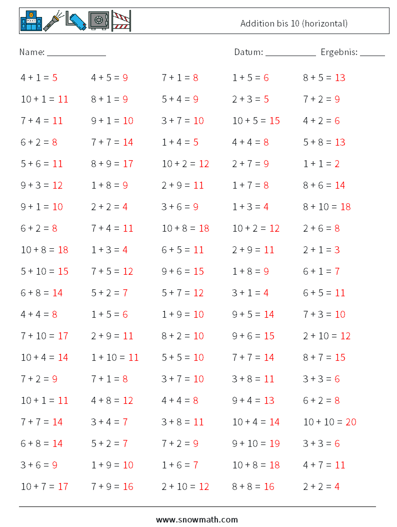 (100) Addition bis 10 (horizontal) Mathe-Arbeitsblätter 5 Frage, Antwort
