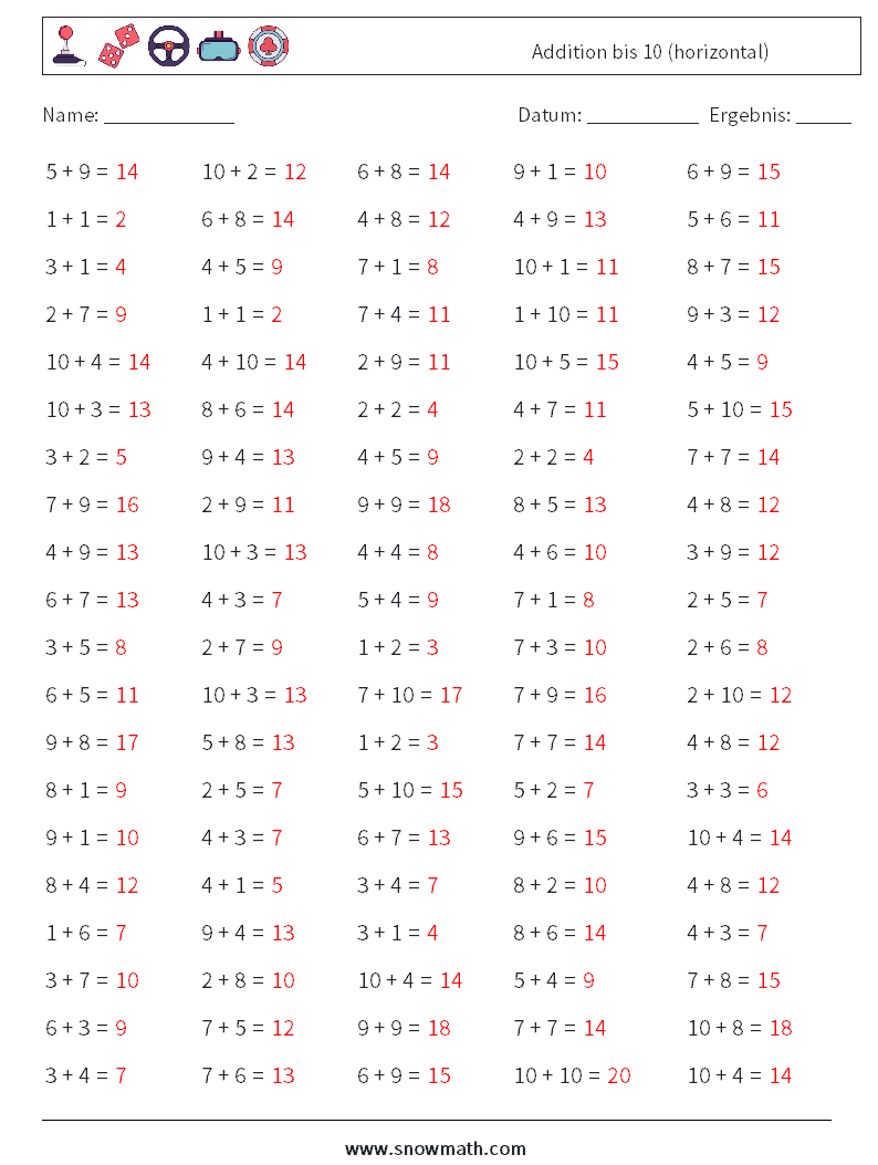 (100) Addition bis 10 (horizontal) Mathe-Arbeitsblätter 6 Frage, Antwort