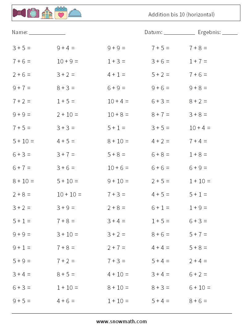(100) Addition bis 10 (horizontal) Mathe-Arbeitsblätter 7