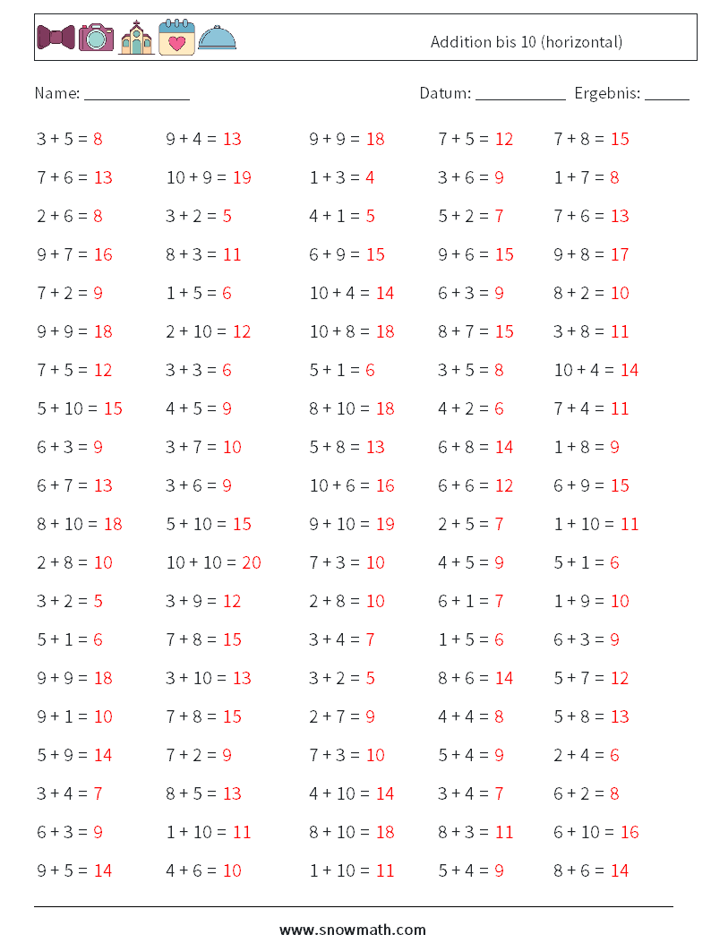 (100) Addition bis 10 (horizontal) Mathe-Arbeitsblätter 7 Frage, Antwort