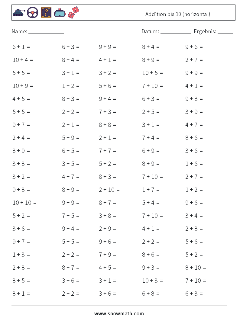 (100) Addition bis 10 (horizontal) Mathe-Arbeitsblätter 8