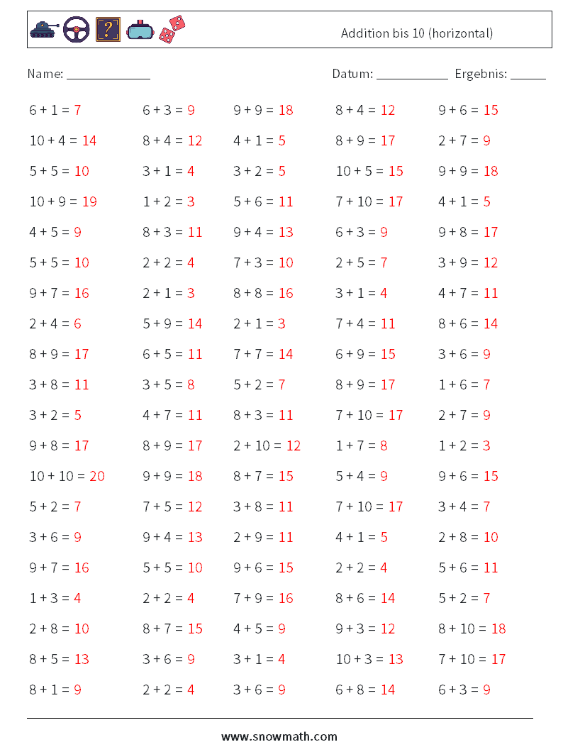 (100) Addition bis 10 (horizontal) Mathe-Arbeitsblätter 8 Frage, Antwort
