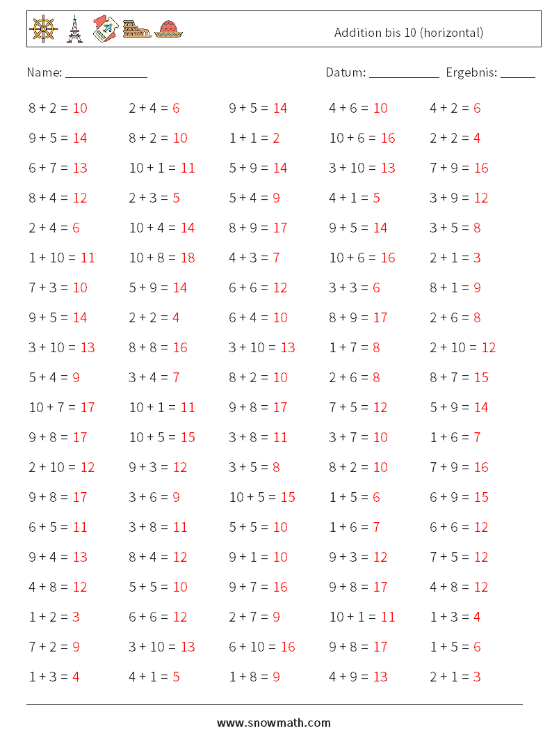 (100) Addition bis 10 (horizontal) Mathe-Arbeitsblätter 9 Frage, Antwort