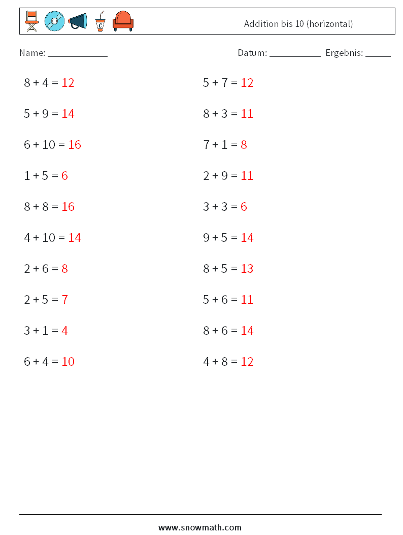 (20) Addition bis 10 (horizontal) Mathe-Arbeitsblätter 1 Frage, Antwort