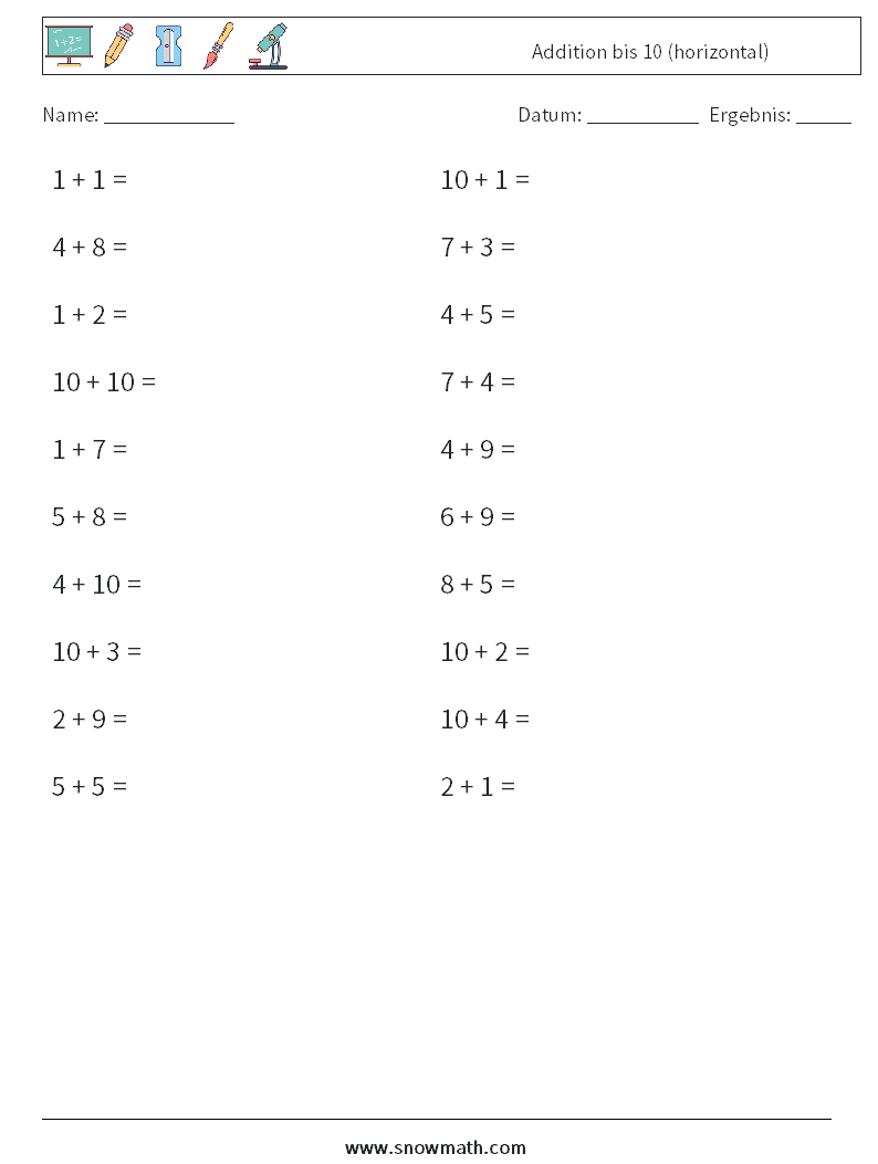 (20) Addition bis 10 (horizontal) Mathe-Arbeitsblätter 2