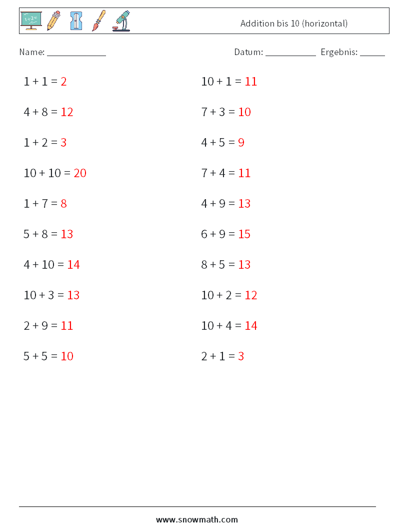 (20) Addition bis 10 (horizontal) Mathe-Arbeitsblätter 2 Frage, Antwort
