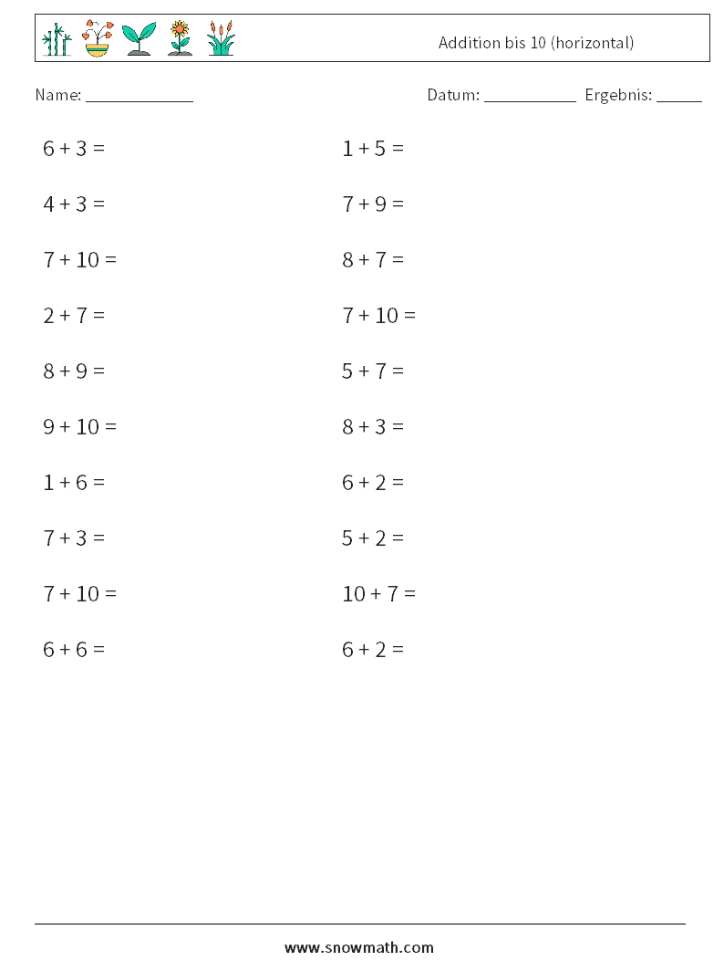 (20) Addition bis 10 (horizontal) Mathe-Arbeitsblätter 3