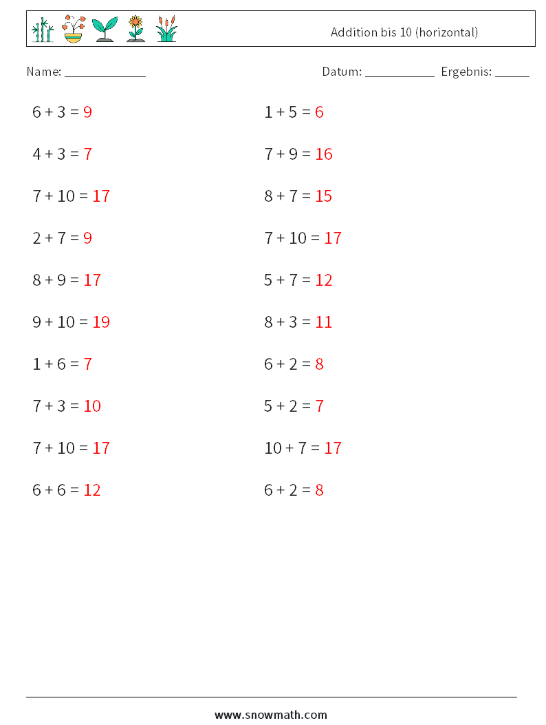 (20) Addition bis 10 (horizontal) Mathe-Arbeitsblätter 3 Frage, Antwort