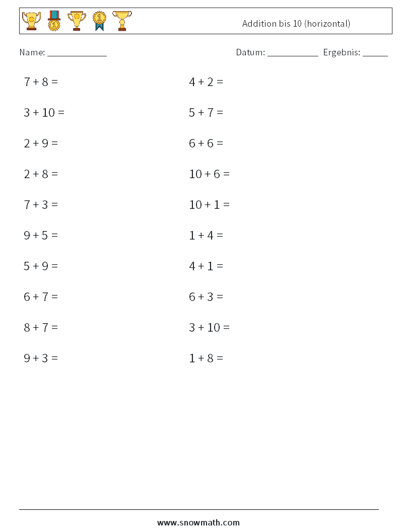 (20) Addition bis 10 (horizontal) Mathe-Arbeitsblätter 4