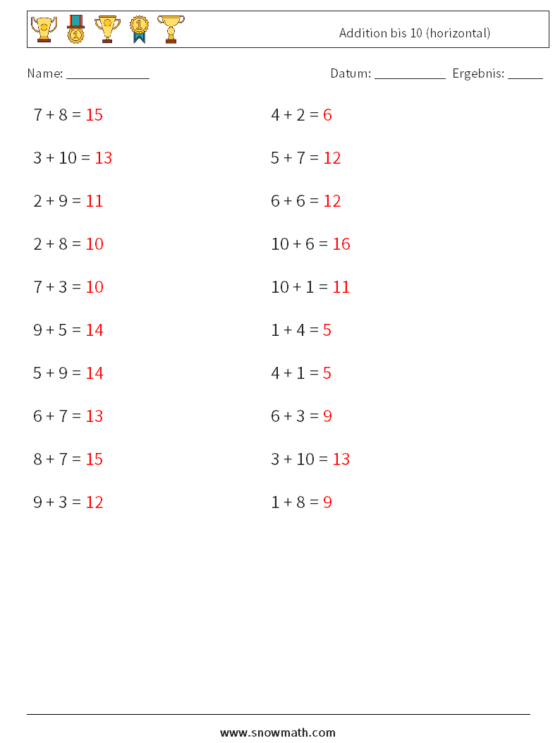 (20) Addition bis 10 (horizontal) Mathe-Arbeitsblätter 4 Frage, Antwort