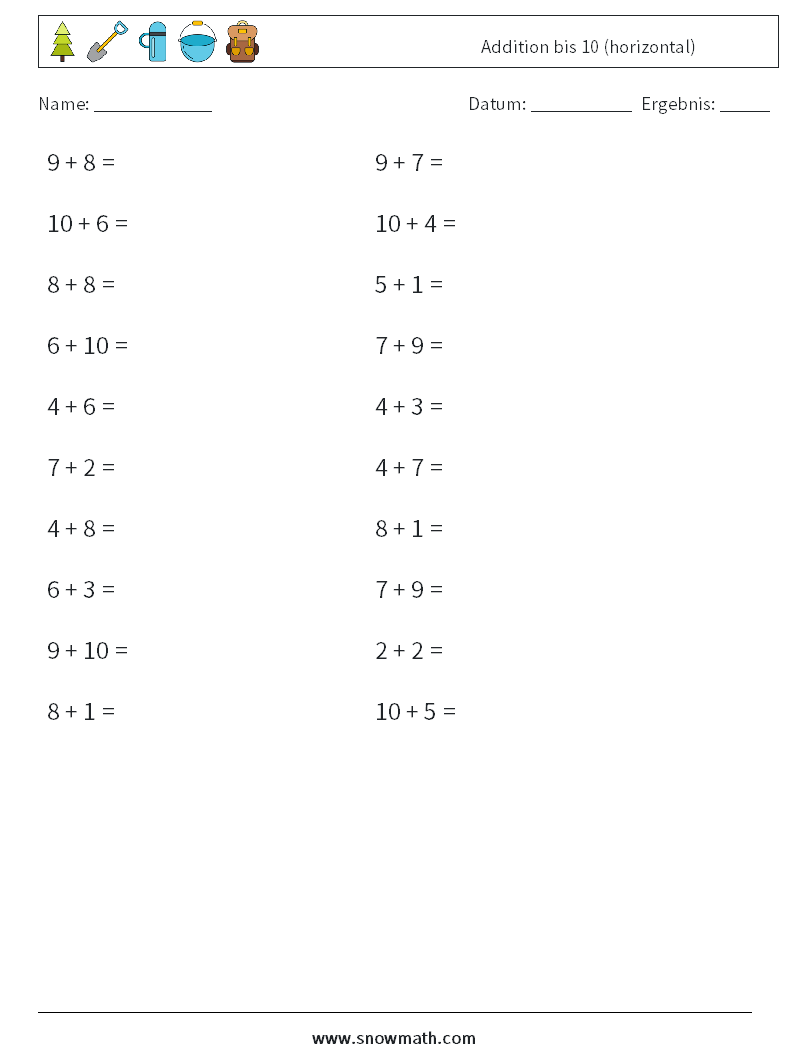 (20) Addition bis 10 (horizontal) Mathe-Arbeitsblätter 5