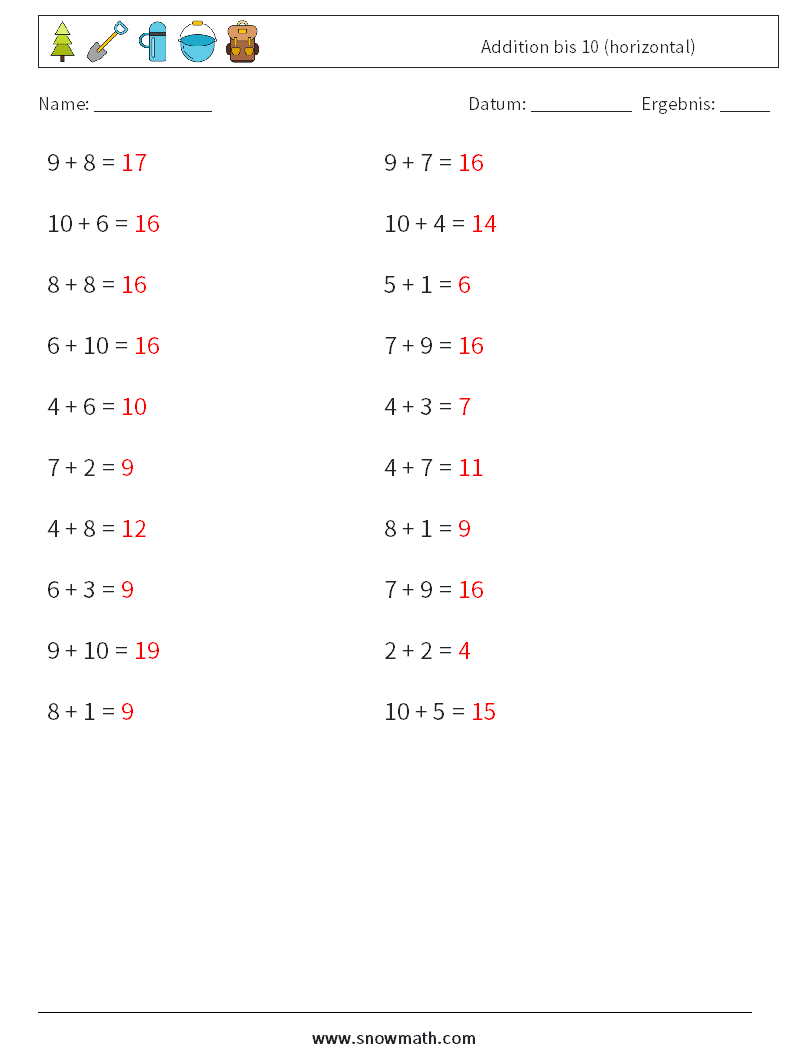 (20) Addition bis 10 (horizontal) Mathe-Arbeitsblätter 5 Frage, Antwort
