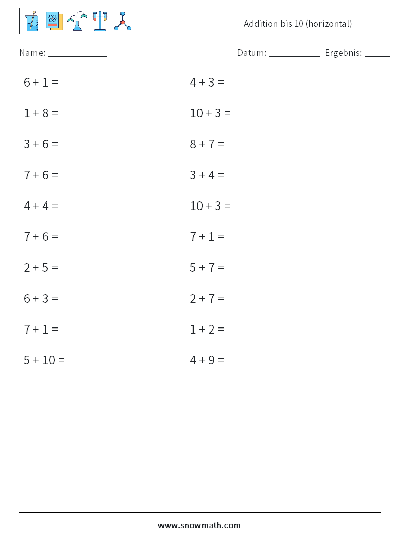 (20) Addition bis 10 (horizontal) Mathe-Arbeitsblätter 6