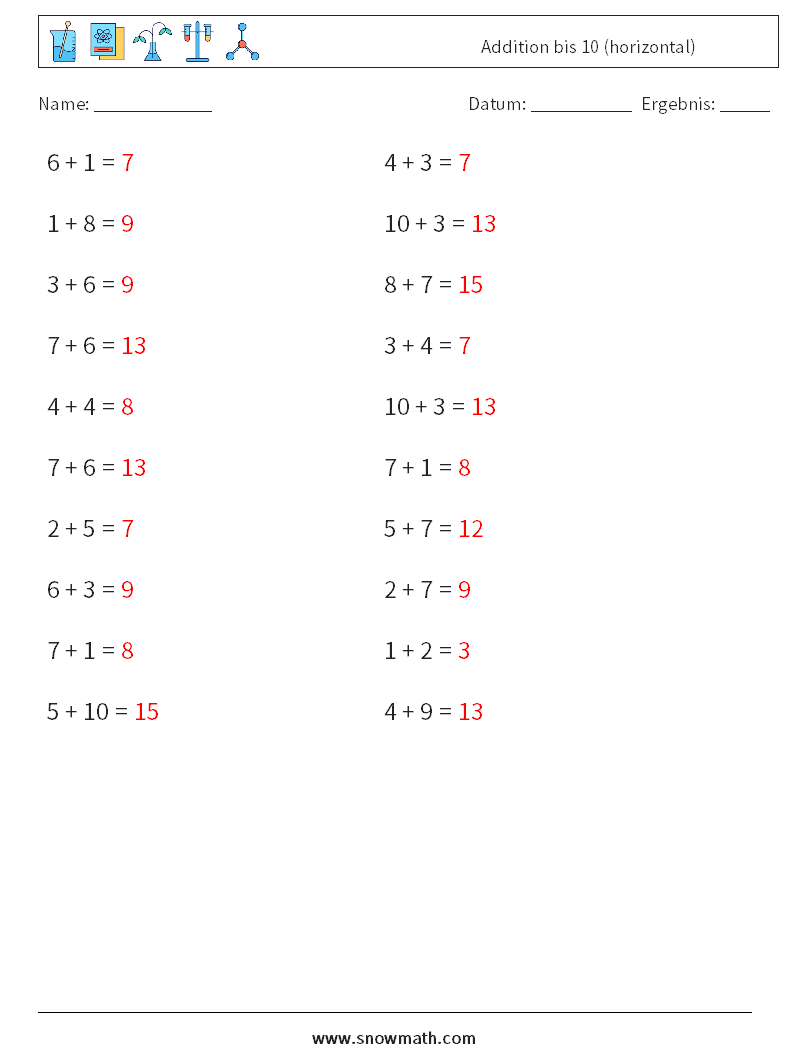 (20) Addition bis 10 (horizontal) Mathe-Arbeitsblätter 6 Frage, Antwort