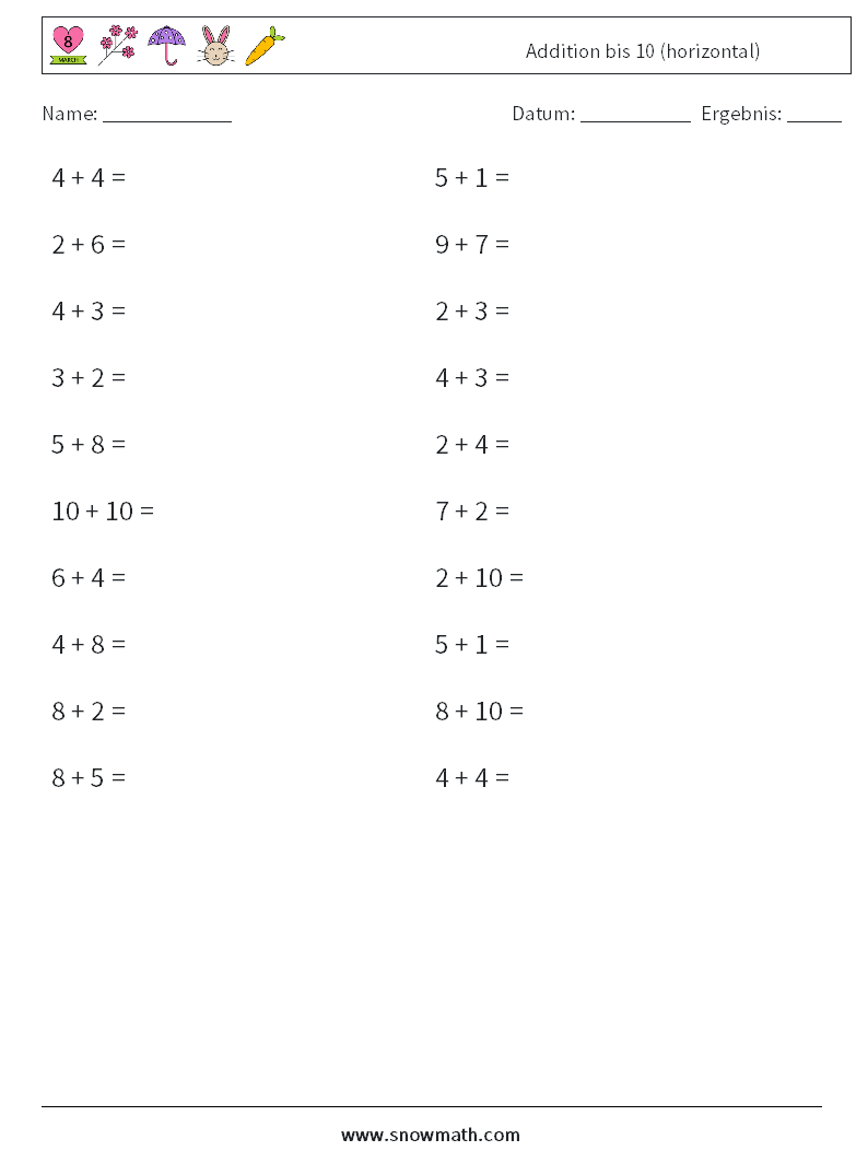 (20) Addition bis 10 (horizontal) Mathe-Arbeitsblätter 7