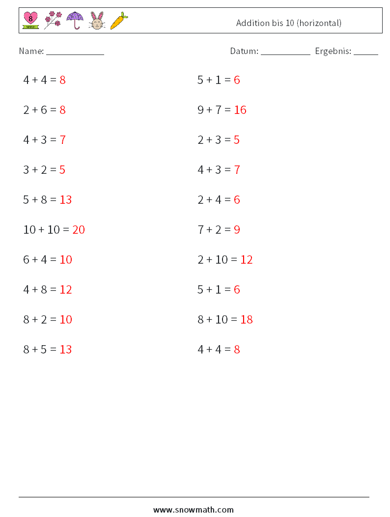 (20) Addition bis 10 (horizontal) Mathe-Arbeitsblätter 7 Frage, Antwort