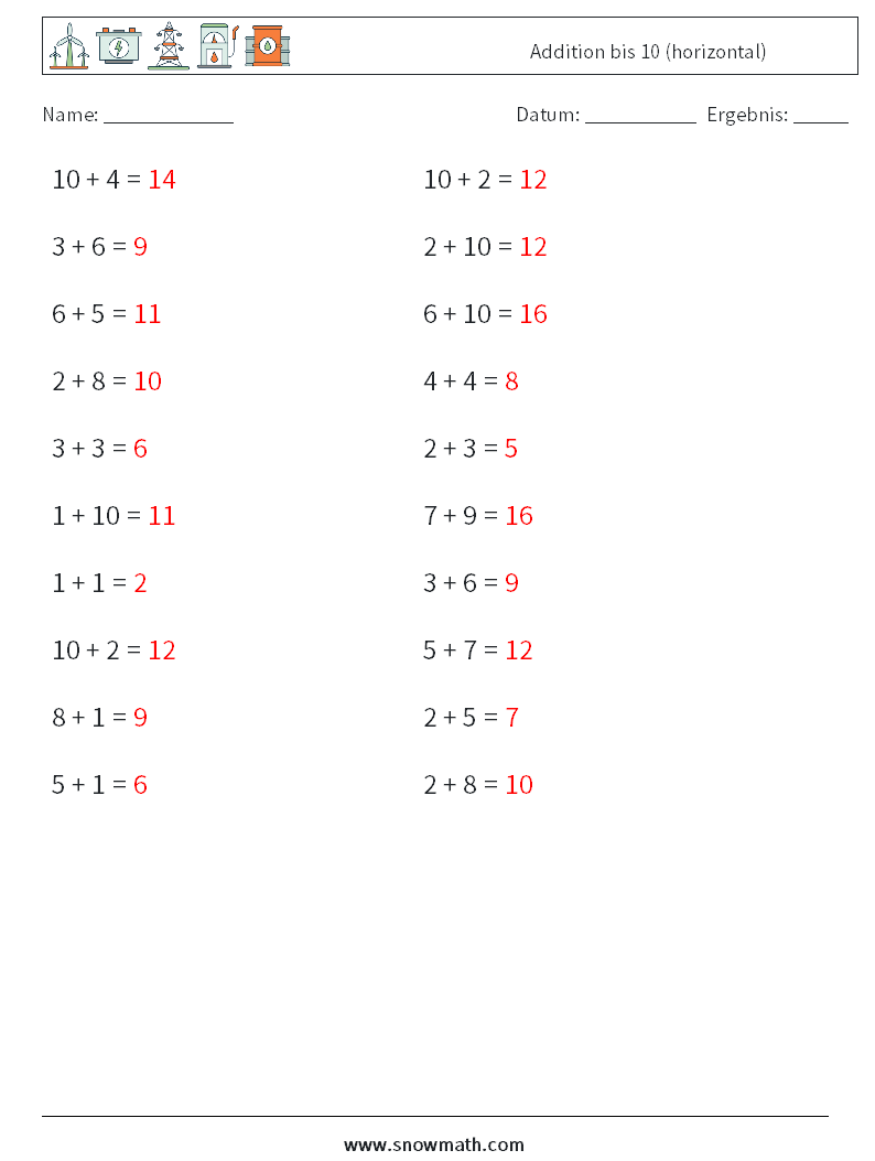 (20) Addition bis 10 (horizontal) Mathe-Arbeitsblätter 8 Frage, Antwort
