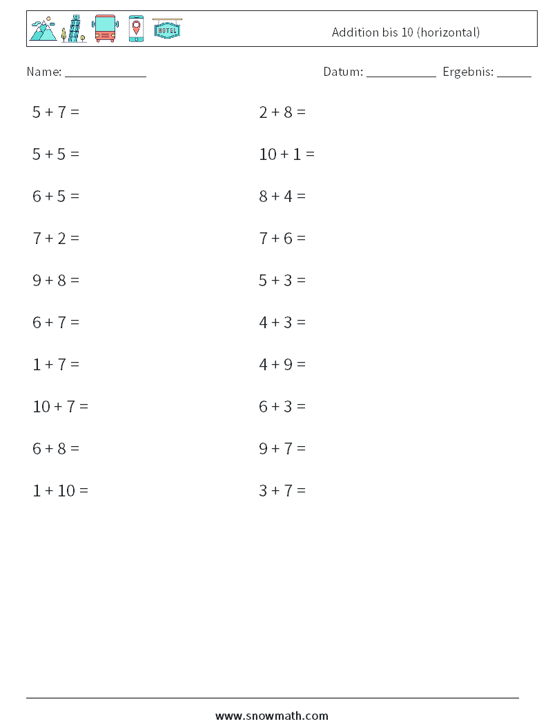 (20) Addition bis 10 (horizontal) Mathe-Arbeitsblätter 9