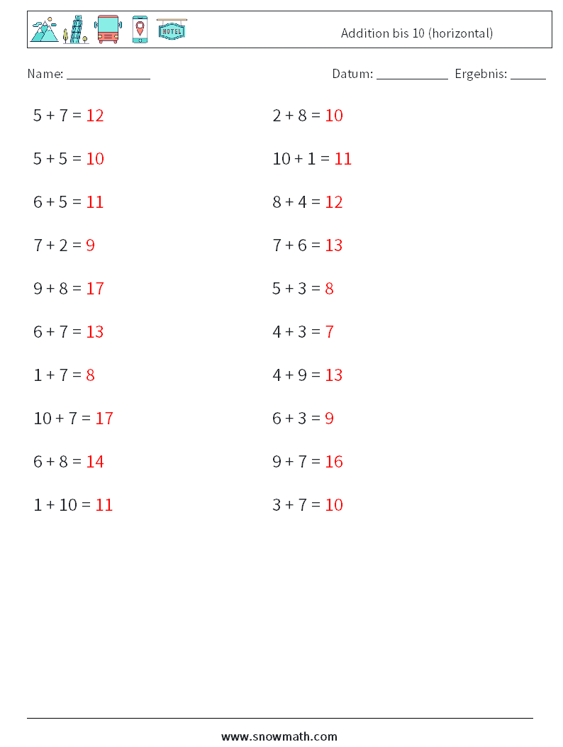 (20) Addition bis 10 (horizontal) Mathe-Arbeitsblätter 9 Frage, Antwort