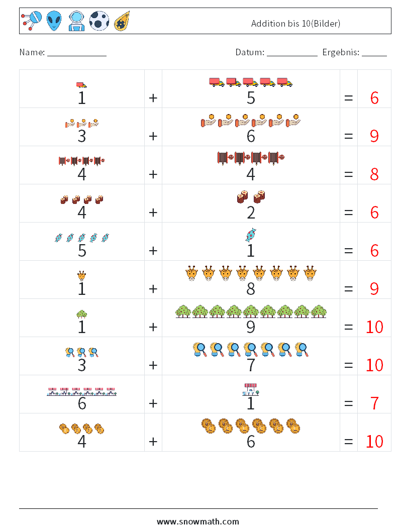 Addition bis 10(Bilder) Mathe-Arbeitsblätter 16 Frage, Antwort