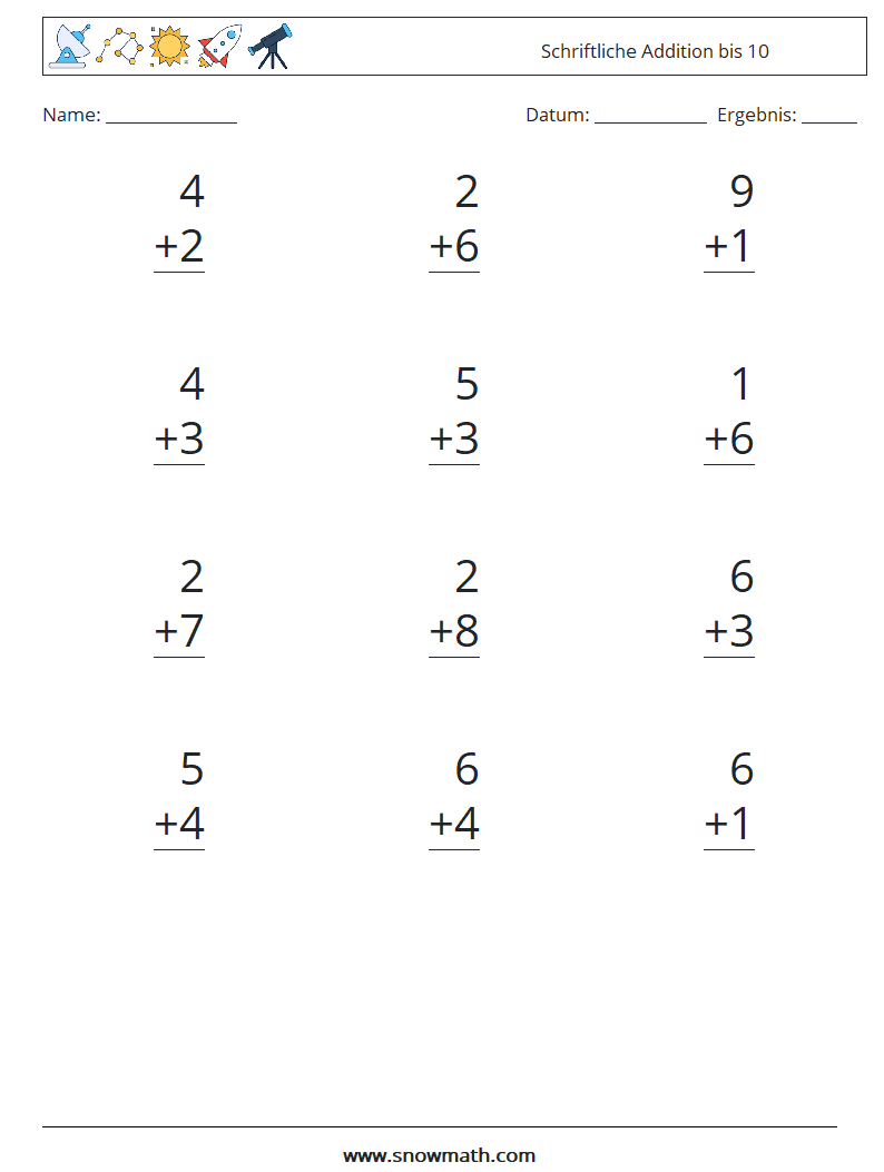 (12) Schriftliche Addition bis 10 Mathe-Arbeitsblätter 8