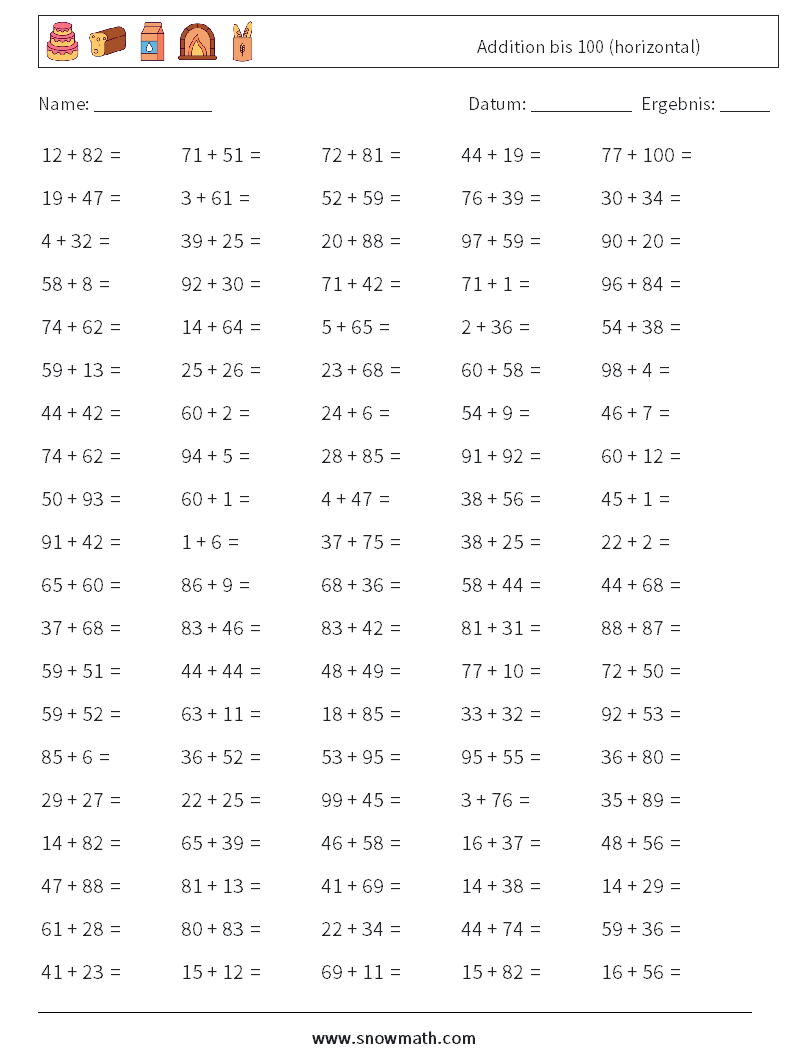 (100) Addition bis 100 (horizontal) Mathe-Arbeitsblätter 3