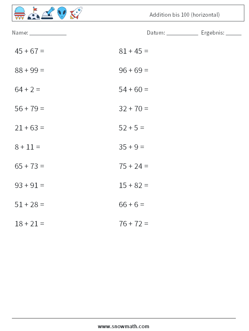 (20) Addition bis 100 (horizontal) Mathe-Arbeitsblätter 5