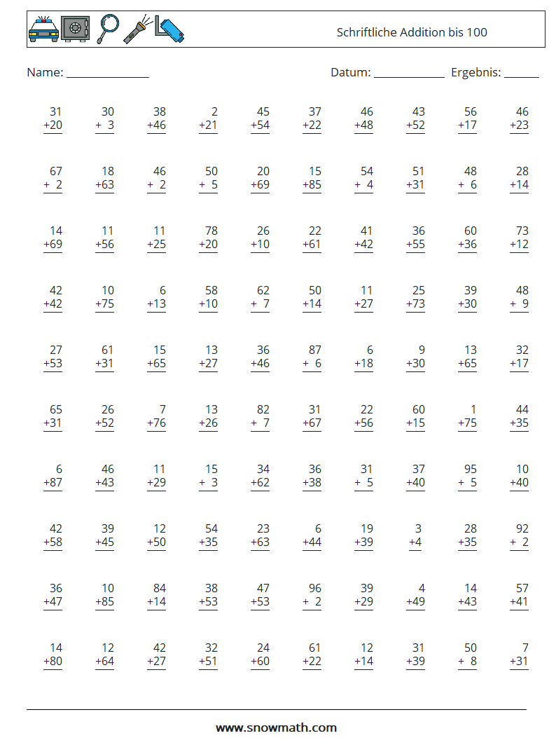 (100) Schriftliche Addition bis 100 Mathe-Arbeitsblätter 10