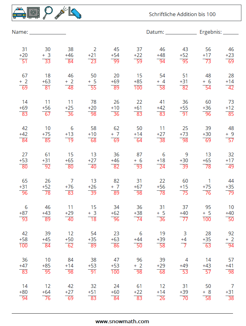 (100) Schriftliche Addition bis 100 Mathe-Arbeitsblätter 10 Frage, Antwort