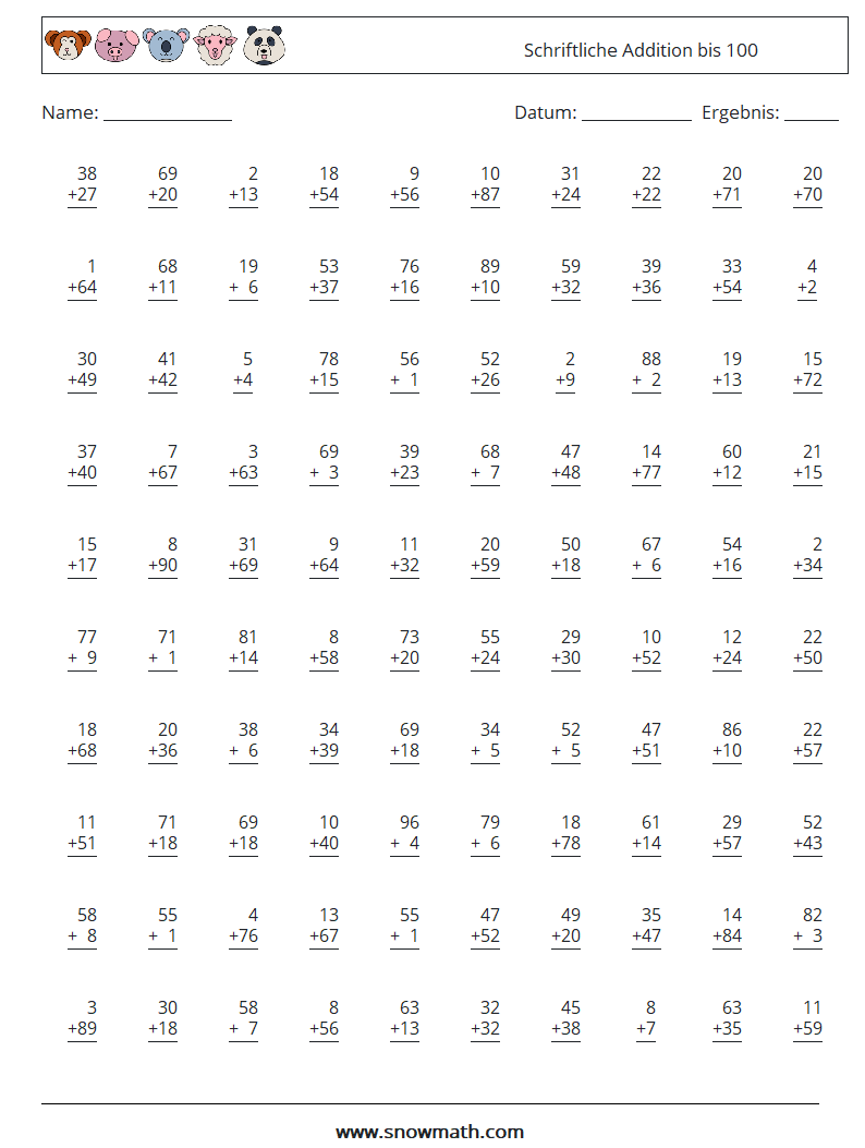 (100) Schriftliche Addition bis 100 Mathe-Arbeitsblätter 12