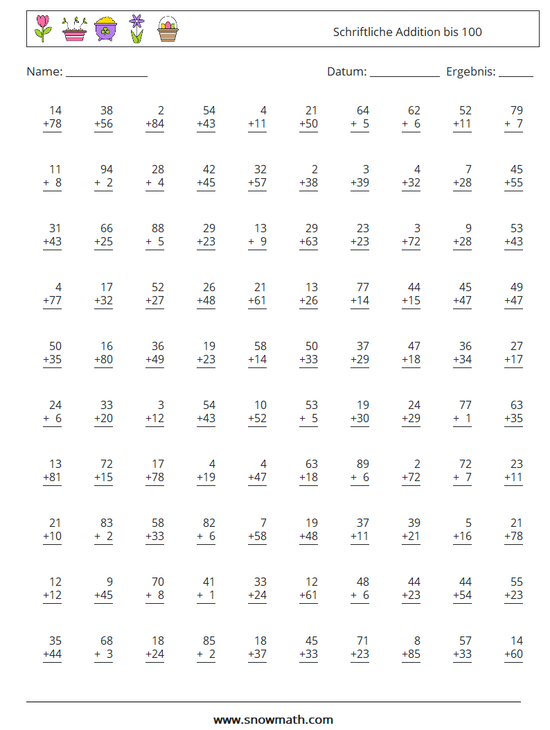 (100) Schriftliche Addition bis 100 Mathe-Arbeitsblätter 13