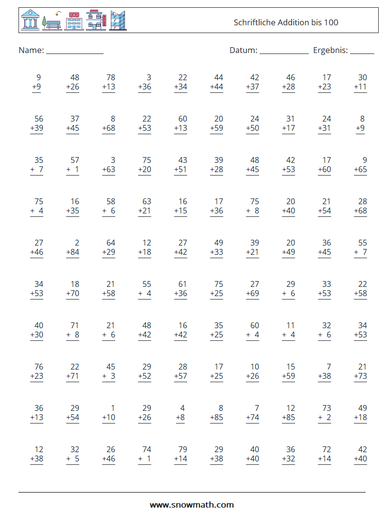(100) Schriftliche Addition bis 100 Mathe-Arbeitsblätter 14