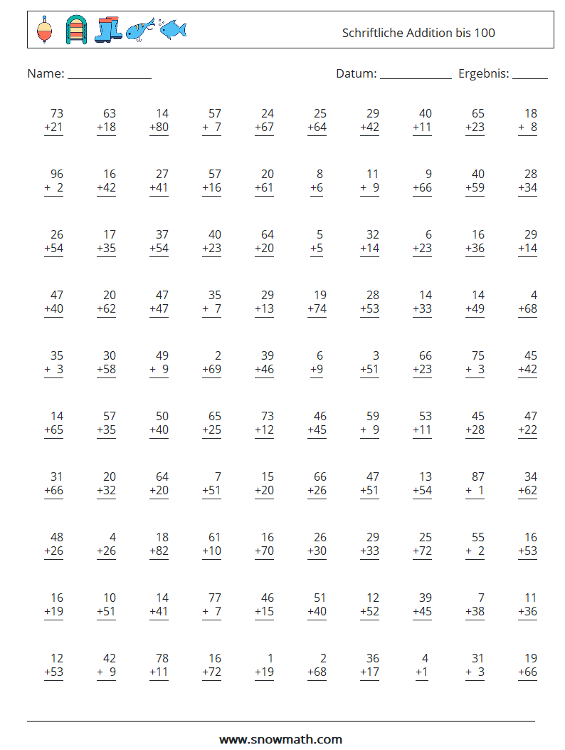 (100) Schriftliche Addition bis 100 Mathe-Arbeitsblätter 16