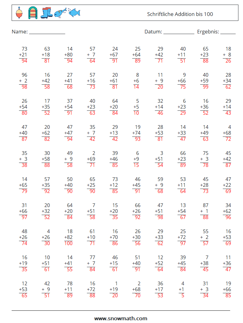 (100) Schriftliche Addition bis 100 Mathe-Arbeitsblätter 16 Frage, Antwort