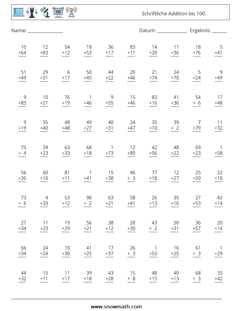 (100) Schriftliche Addition bis 100 Mathe-Arbeitsblätter 17