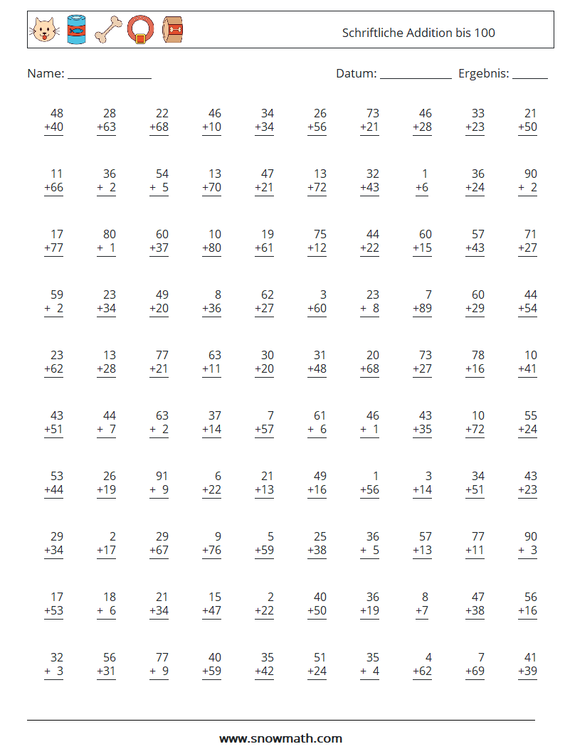 (100) Schriftliche Addition bis 100 Mathe-Arbeitsblätter 18
