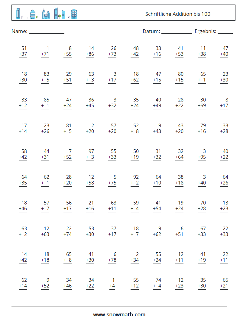 (100) Schriftliche Addition bis 100 Mathe-Arbeitsblätter 2