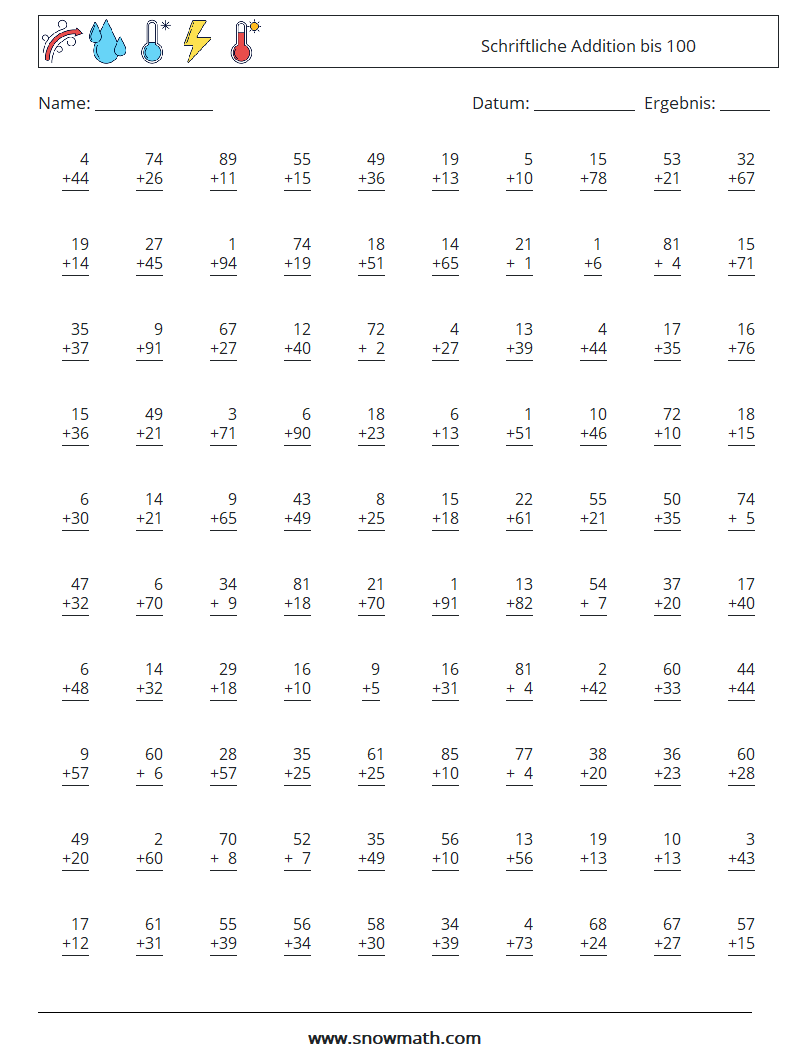 (100) Schriftliche Addition bis 100 Mathe-Arbeitsblätter 4