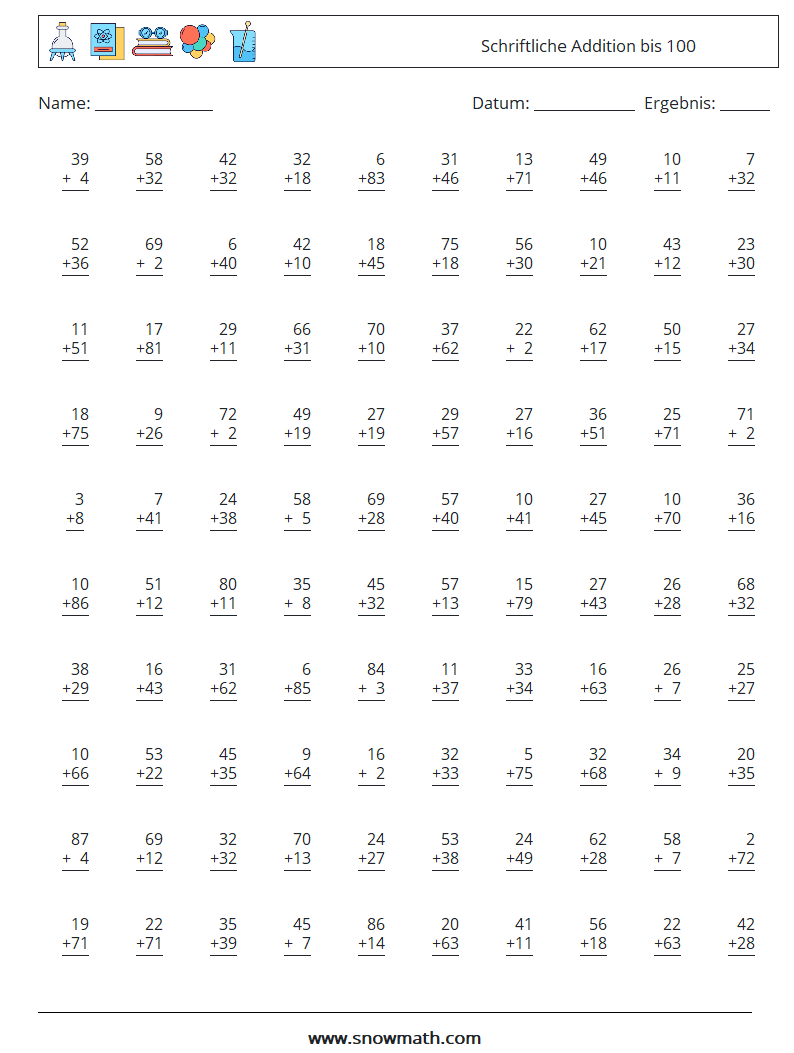 (100) Schriftliche Addition bis 100 Mathe-Arbeitsblätter 5
