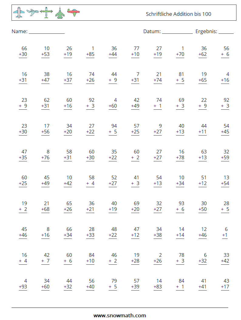 (100) Schriftliche Addition bis 100 Mathe-Arbeitsblätter 6