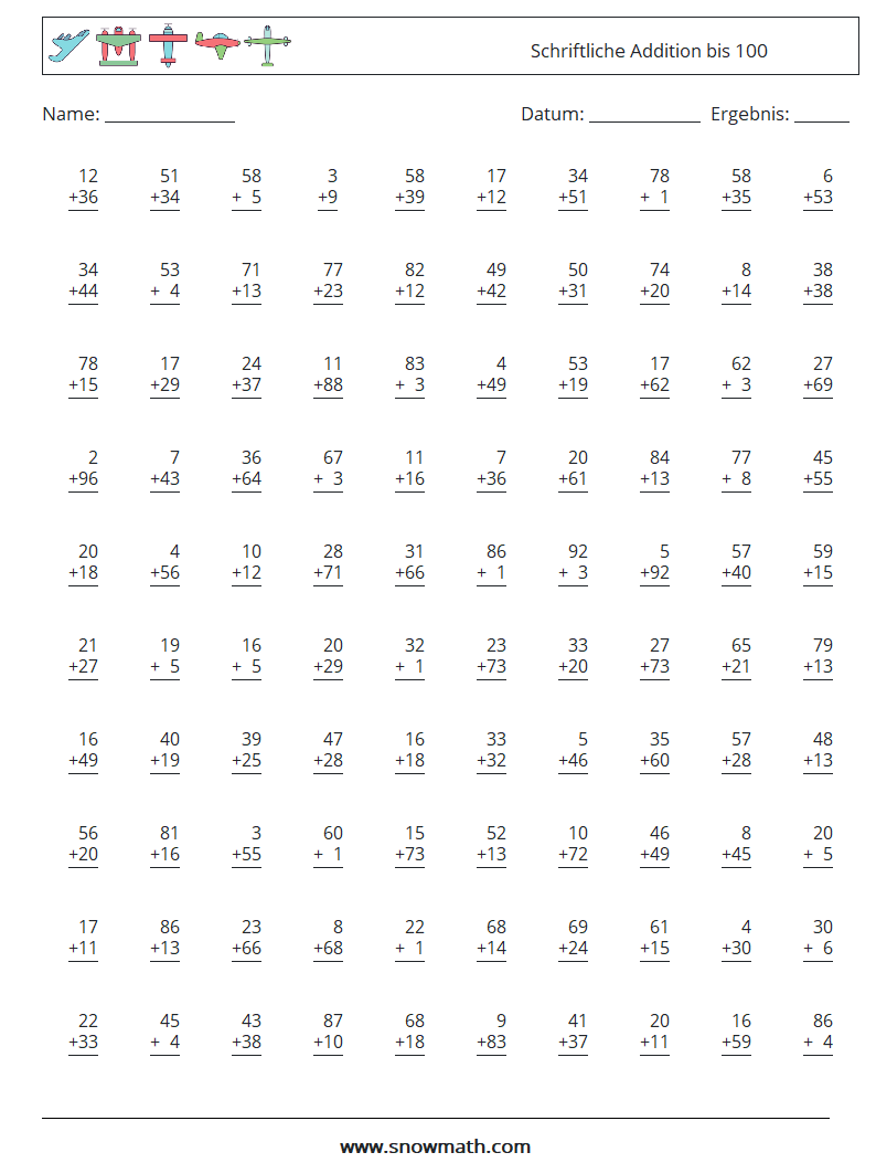 (100) Schriftliche Addition bis 100 Mathe-Arbeitsblätter 7