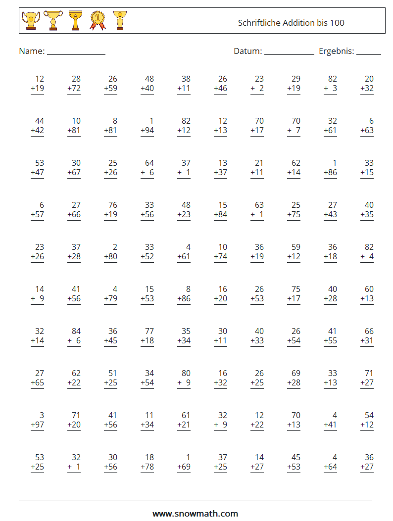 (100) Schriftliche Addition bis 100 Mathe-Arbeitsblätter 8