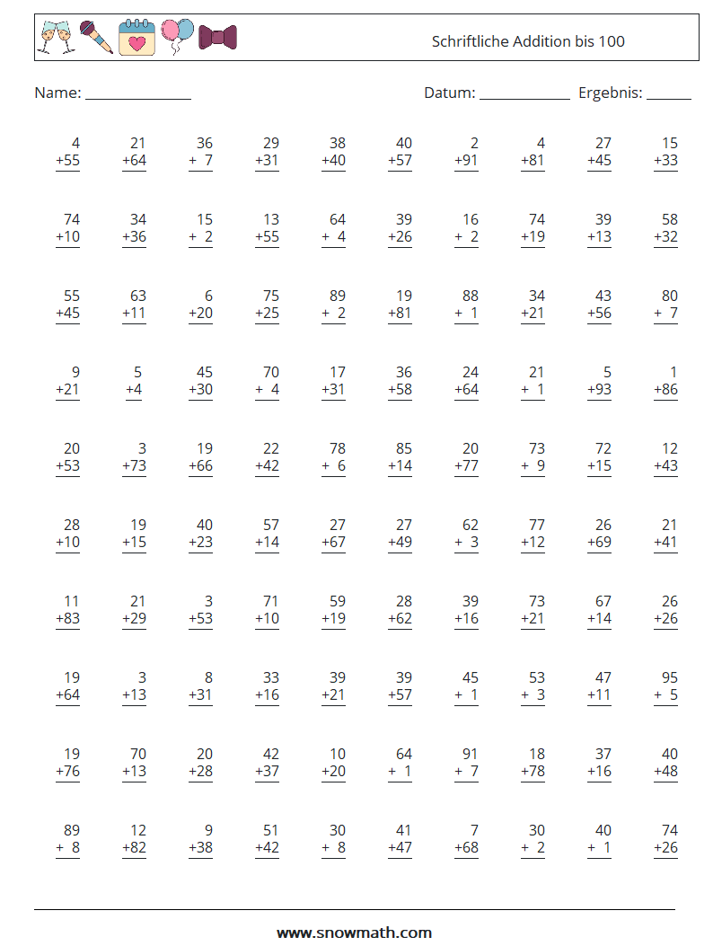(100) Schriftliche Addition bis 100 Mathe-Arbeitsblätter 9