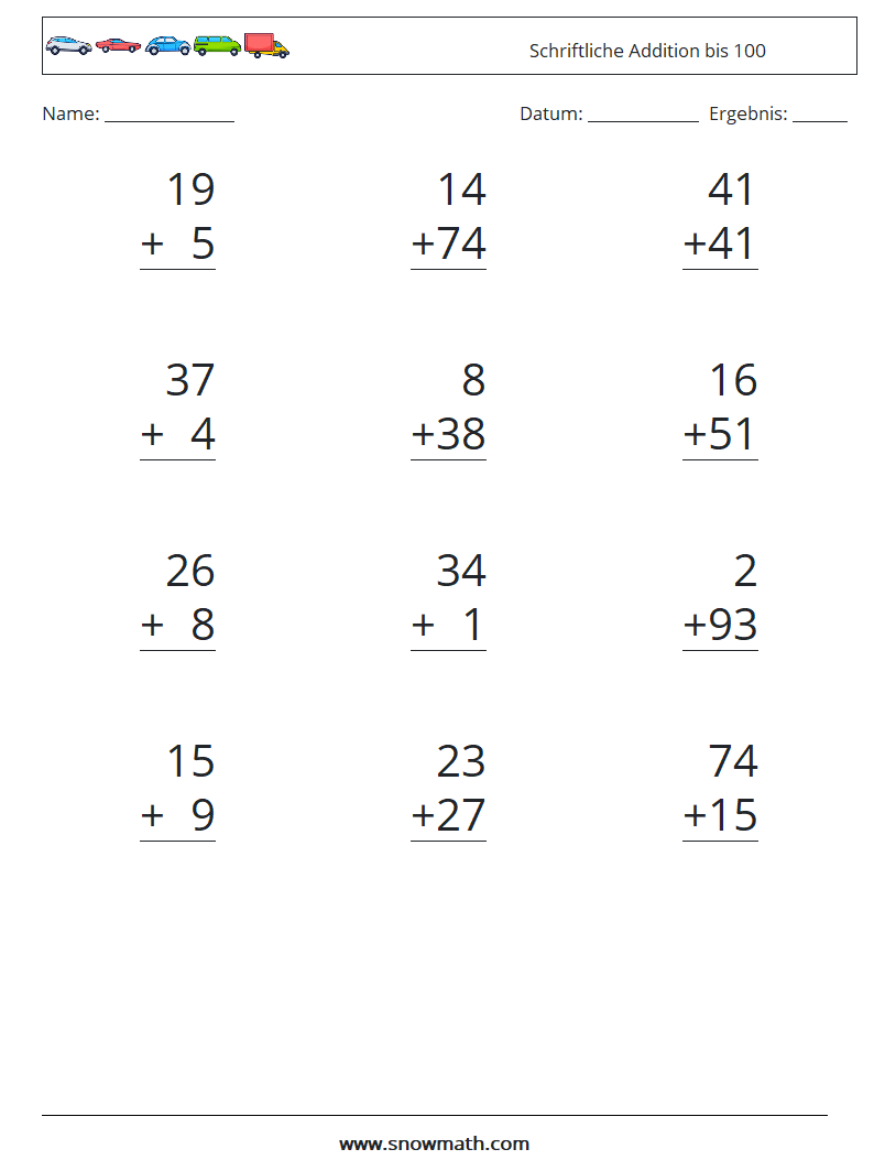 (12) Schriftliche Addition bis 100 Mathe-Arbeitsblätter 10