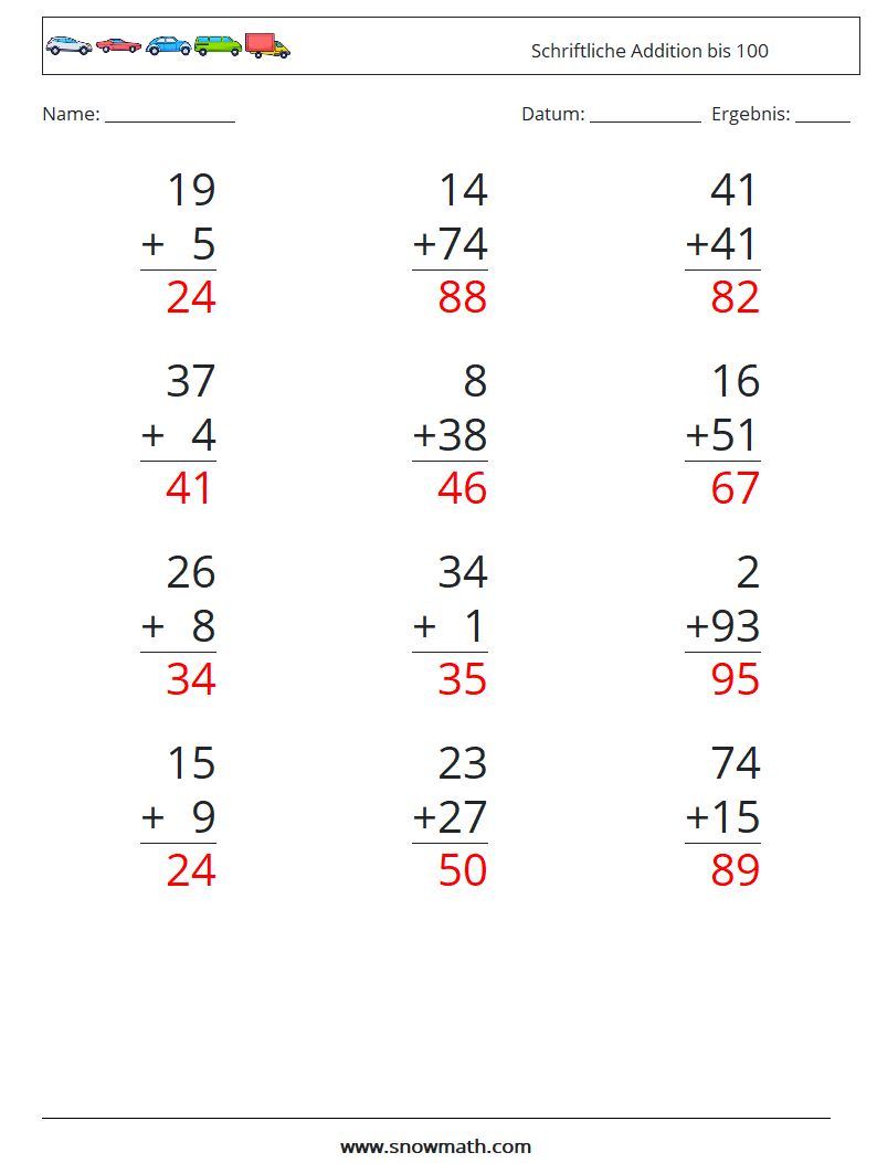 (12) Schriftliche Addition bis 100 Mathe-Arbeitsblätter 10 Frage, Antwort