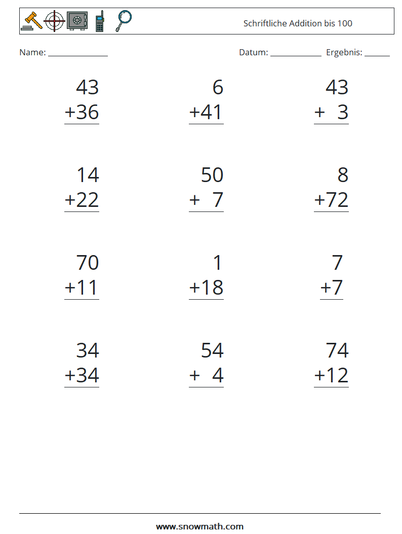 (12) Schriftliche Addition bis 100 Mathe-Arbeitsblätter 11